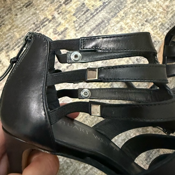 Stuart Weitzman Outing Heeled Sandal Black Leather Strappy Cage Design - Picture 7 of 16